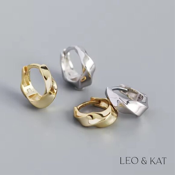 Twisted Huggie Earrings in Gold & Silver. 925 Sterling Silver. #1047 - Picture 2 of 4